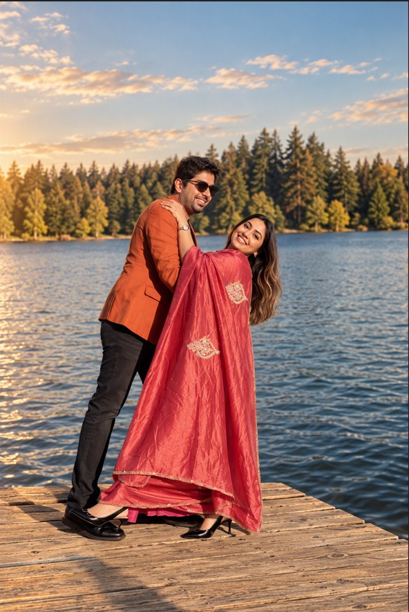 Dikshant and Anukriti embracing beside a lake at sunset
