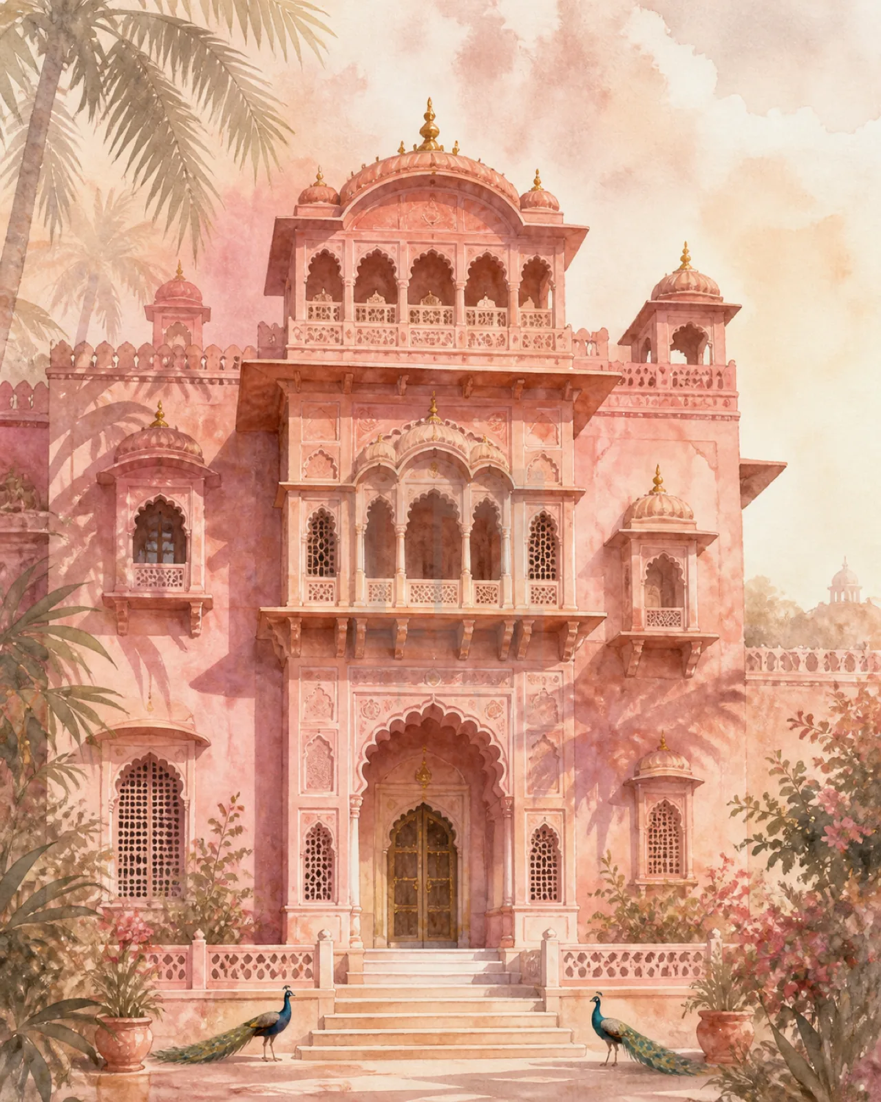 Decorative watercolor illustration of a haveli